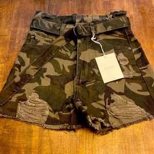 Kancan High Rise Camo Shorts with distressing and belt